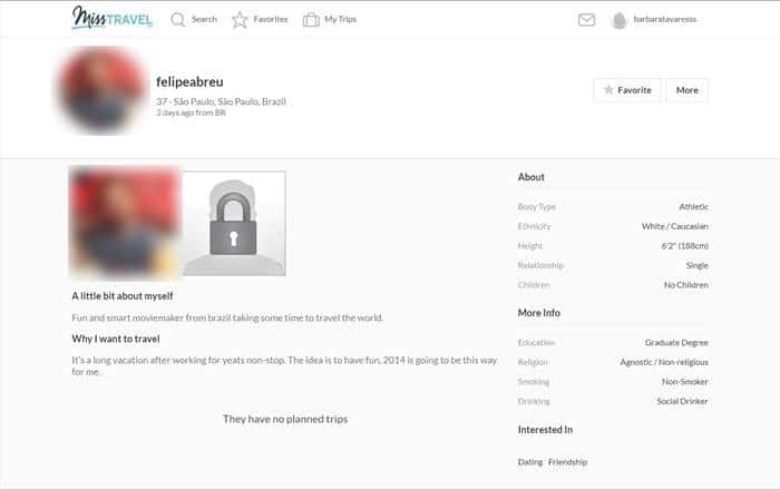 detalhes e característica de perfil de usuário no miss travel