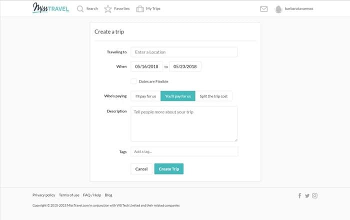 sistema para publicar uma viagem e esperar propostas de acompanhantes