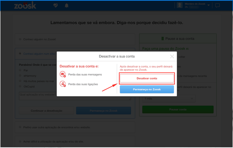 passo numero 8 Como eliminar a conta no Zoosk definitivamente